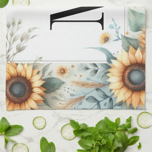 Monogramm Fall Blume und Sonnenblumen Aquarell Geschirrtuch (Gefaltet)