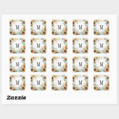 Monogramm Fall Blume und Sonnenblumen Aquarell Quadratischer Aufkleber (Blatt)
