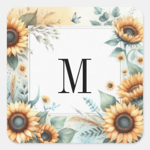 Monogramm Fall Blume und Sonnenblumen Aquarell Quadratischer Aufkleber