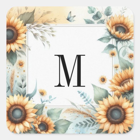 Monogramm Fall Blume und Sonnenblumen Aquarell Quadratischer Aufkleber (Vorderseite)