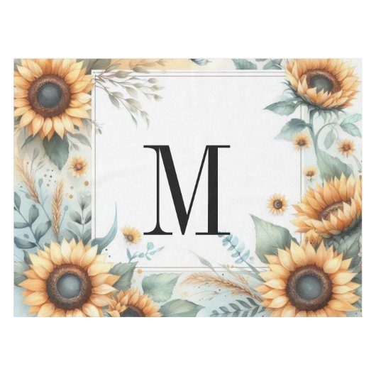 Monogramm Fall Blume und Sonnenblumen Aquarell Tischdecke (Vorderseite (Horizontal))