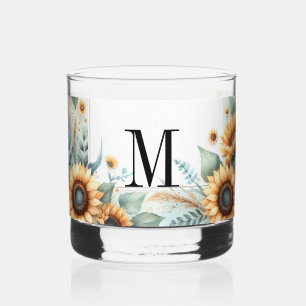 Monogramm Fall Blume und Sonnenblumen Aquarell Whiskyglas