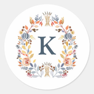 Monogramm Fall Farbe Gelb, orange blaue Blüte Runder Aufkleber