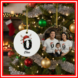 Monogramm Familien-Weihnachten Geweih Santa Hut PH Keramik Ornament