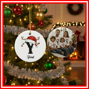 Monogramm Familien-Weihnachten Geweih Weihnachtsma Keramik Ornament