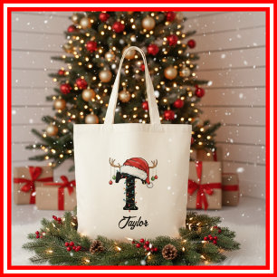 Monogramm-Familien-Weihnachts-Geweih-Nikolausmütze Tragetasche