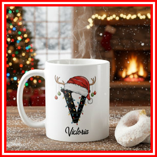 Monogramm-Familien-Weihnachts-Geweih-Santa-Hut-FOT Kaffeetasse