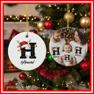 Monogramm-Familien-Weihnachts-Geweih-Santa-Hut-FOT Keramik Ornament