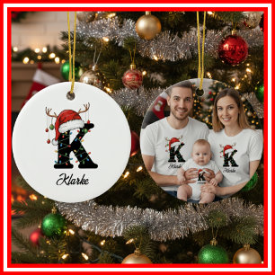 Monogramm-Familien-Weihnachts-Geweih-Santa-Hut-FOT Keramik Ornament