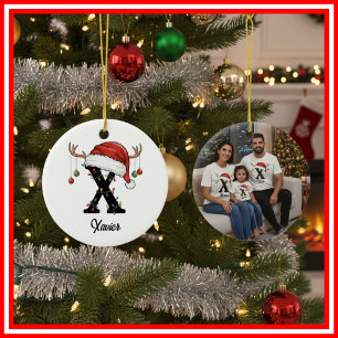 Monogramm-Familien-Weihnachts-Geweih-Santa-Hut-FOT Keramik Ornament