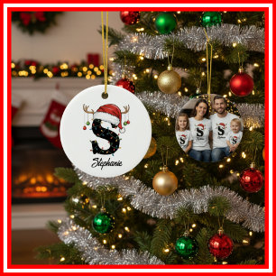 Monogramm-Familien-Weihnachts-Geweih-Santa-Hut-FOT Keramik Ornament
