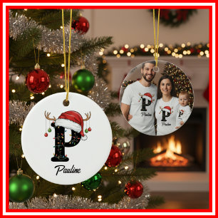 Monogramm-Familien-Weihnachts-Geweih-Santa-Hut-FOT Keramik Ornament