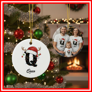 Monogramm-Familien-Weihnachts-Geweih-Santa-Hut-FOT Keramik Ornament