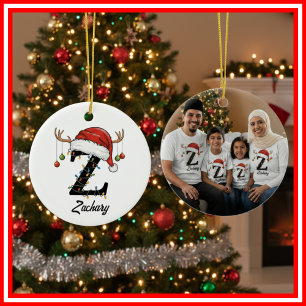 Monogramm-Familien-Weihnachts-Geweih-Santa-Hut-FOT Keramik Ornament