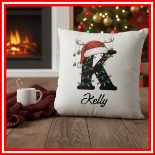 Monogramm Familien-Weihnachts-Geweih-Santa-Hut  Kissen