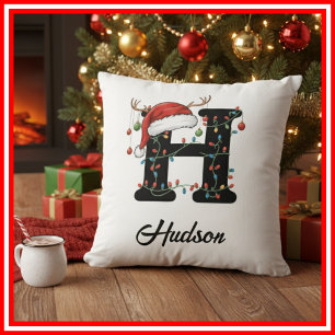 Monogramm Familien-Weihnachts-Geweih-Santa-Hut  Kissen