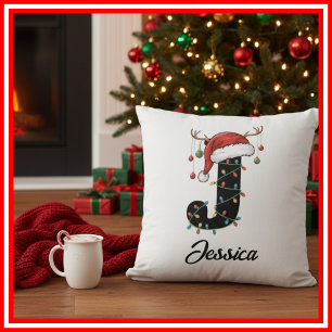 Monogramm Familien-Weihnachts-Geweih-Santa-Hut  Kissen