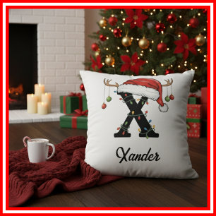 Monogramm Familien-Weihnachts-Geweih-Santa-Hut  Kissen