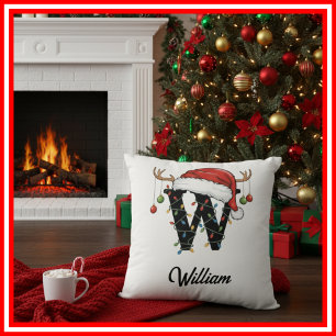 Monogramm Familien-Weihnachts-Geweih-Santa-Hut  Kissen
