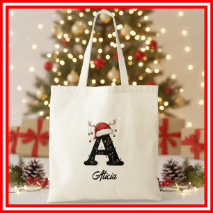 Monogramm Familien-Weihnachts-Geweih-Santa-Hut Tragetasche