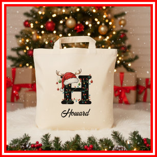 Monogramm Familien-Weihnachts-Geweih-Santa-Hut Tragetasche