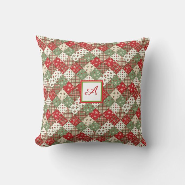Monogramm-Familien-Weihnachts-Patchwork Grün Rot  Kissen (Vorderseite)