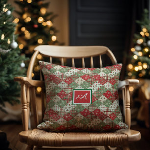 Monogramm-Familien-Weihnachts-Patchwork Grün Rot Kissen