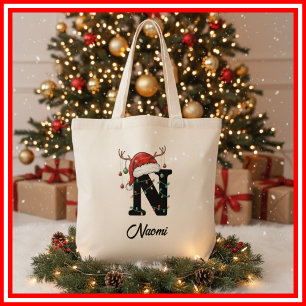Monogramm-Familien-Weihnachtsgeweih-Santa-Hut-Tasc Tragetasche