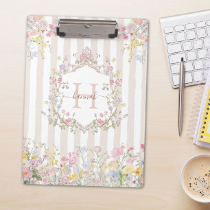 Monogramm Farbige Blumen im Rokoko-Stil Streifen Klemmbrett