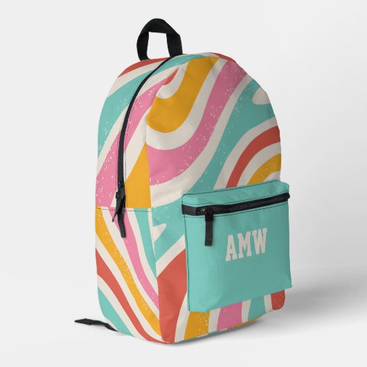 Monogramm Farbige Retro-Wellig gestreift Bedruckter Rucksack (Rückseitige Ecke links)