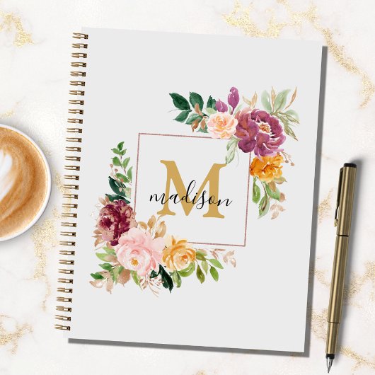 Monogramm farbige Rose Wasserfarbe Blumenrezeptur Notizblock