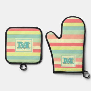 Monogramm farbige Sommerstreifen Ofenhandschuh & Topflappen-Set