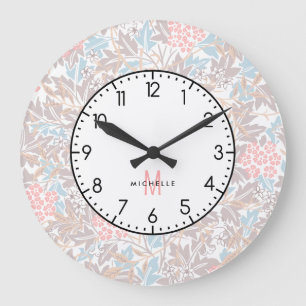 Monogramm farbiges Floral Modernes Vintages Blau Große Wanduhr