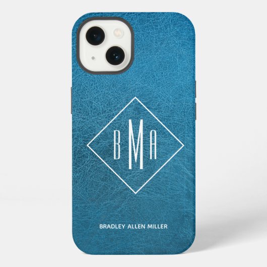 Monogramm Faux Blau Leder iPhone Hülle (Rückseite)