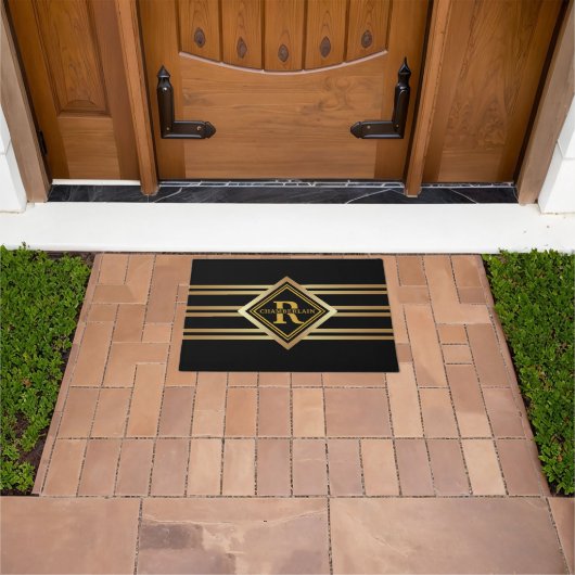 Monogramm Faux-Gold Geometrisch Schwarz Fußmatte (Außenbereich)
