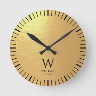 Monogramm Faux Goldfolie Schwarz Anfangsbuchstabe Runde Wanduhr