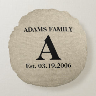 Monogramm-Faux-Leinen-Jute rustikaler Schick Anfan Rundes Kissen