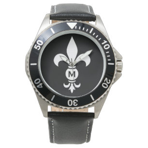 Monogramm Fleur De Lis Modern Einfach Schwarz & We Armbanduhr