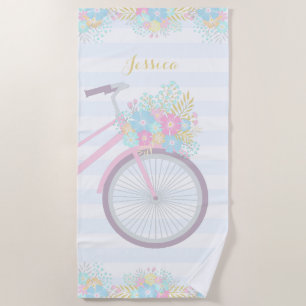 Monogramm Floral Bicycle Streifen Pastellrosa Blau Strandtuch
