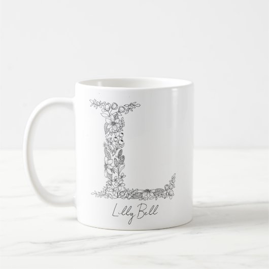Monogramm Floral Botanischer Schwarz-weißer Brief  Kaffeetasse (Links)