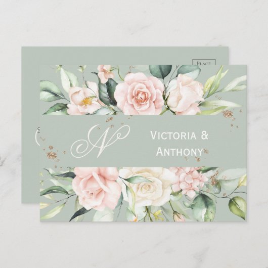 Monogramm Floral Pink Save the Date Postkarte (Vorne/Hinten)