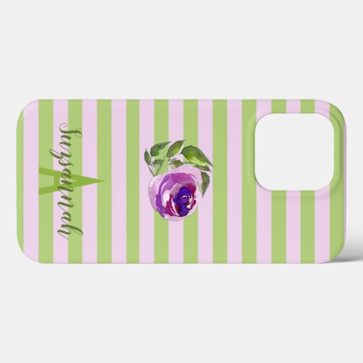Monogramm Floral Rose Pastell Streifen Case-Mate iPhone Hülle (Rückseite (Horizontal))