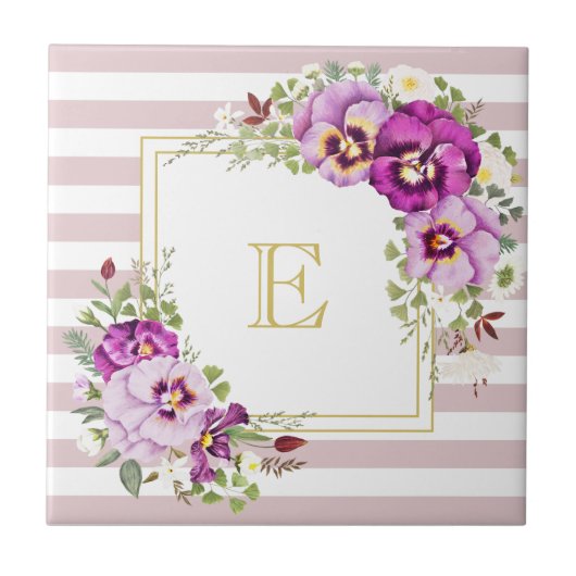 Monogramm Floral Vintage Stiefmütterchen Lila Stre Fliese (Vorderseite)