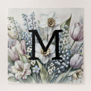 Monogramm floral zeichnend rosa Tulpen Puzzle