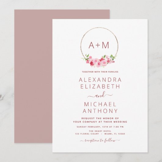Monogramm florale Dusty Rose Rosa Einladung zur Ho (Vorne/Hinten)
