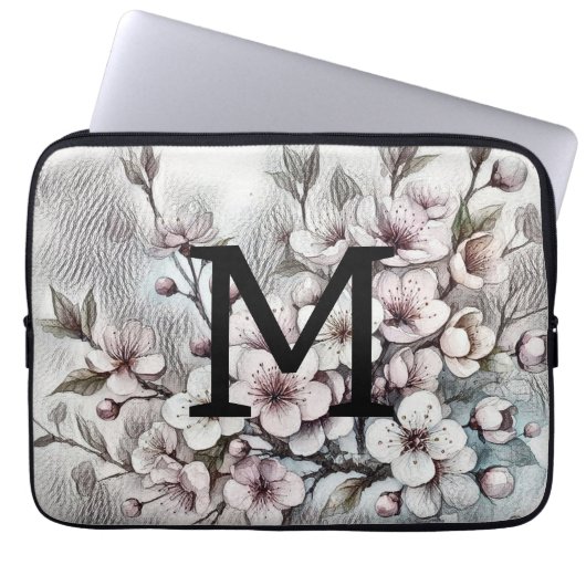 Monogramm florale zeichnend Rosa Kirschblüte Laptopschutzhülle (Vorderseite)