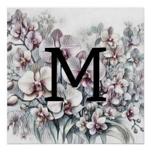 Monogramm florale zeichnend rosa orchide Blume Poster