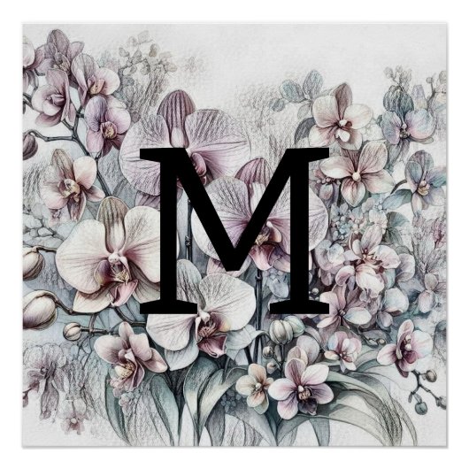 Monogramm florale zeichnend rosa orchide Blume Poster (Vorderseite)