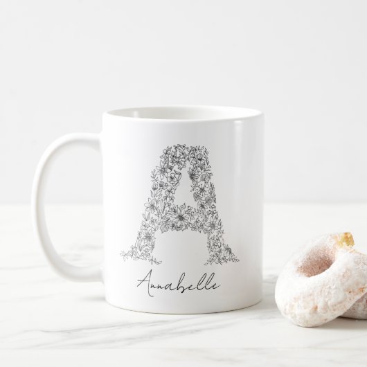 Monogramm floraler botanischer Schwarz-weißer Lett Kaffeetasse (Mit Donut)