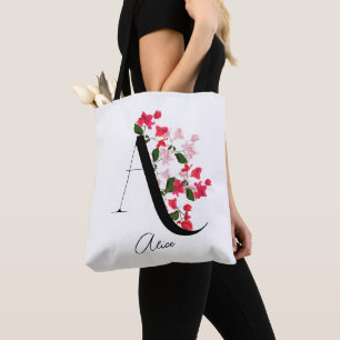 Monogramm floraler Name Totbeutel Letter A Tasche